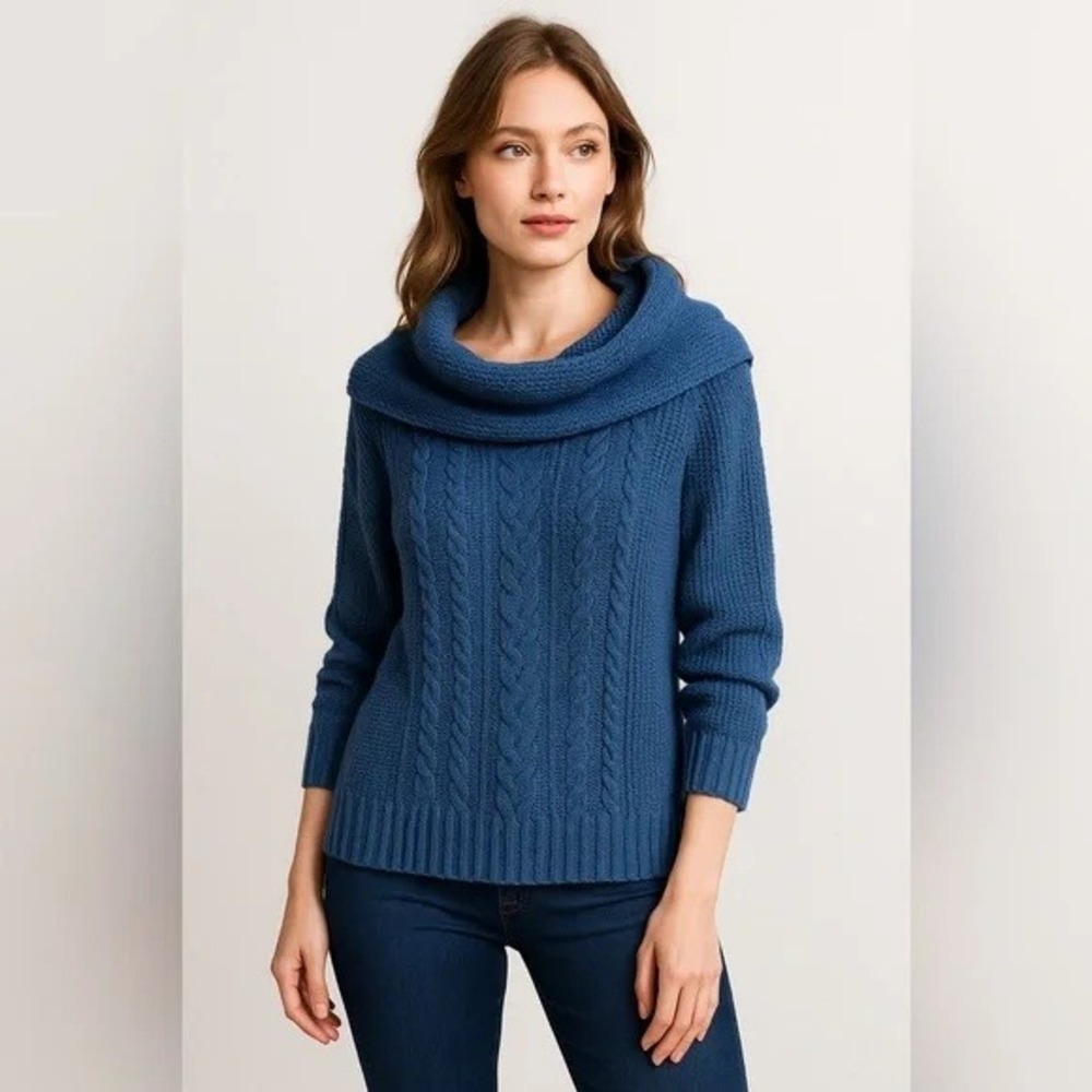 Cabi Cable Cowl Neck Pullover Sweater Navy Blue - Size M